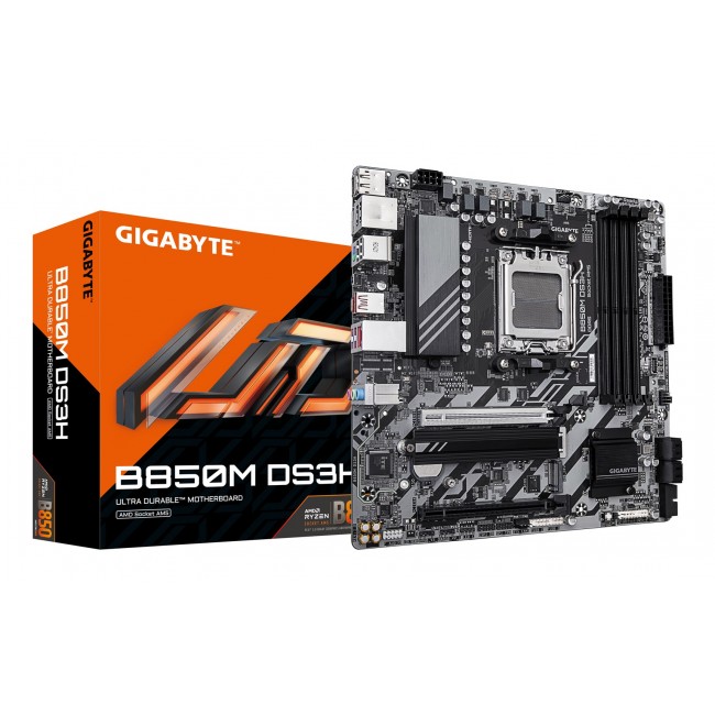 GIGABYTE B850M DS3H Motherboard - AMD Ryzen 9000 Series CPUs, 16+2+2 Phases Digital VRM, up to 8200MHz DDR5 (OC), 1xPCIe 5.0 + 1xPCIe 4.0 M.2, 2.5 LAN, USB 3.2 Gen 2