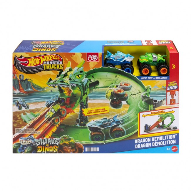 Hot Wheels Monster Trucks Sharks vs. Dinos Dragon Destruction Playset & 2 Toy Trucks