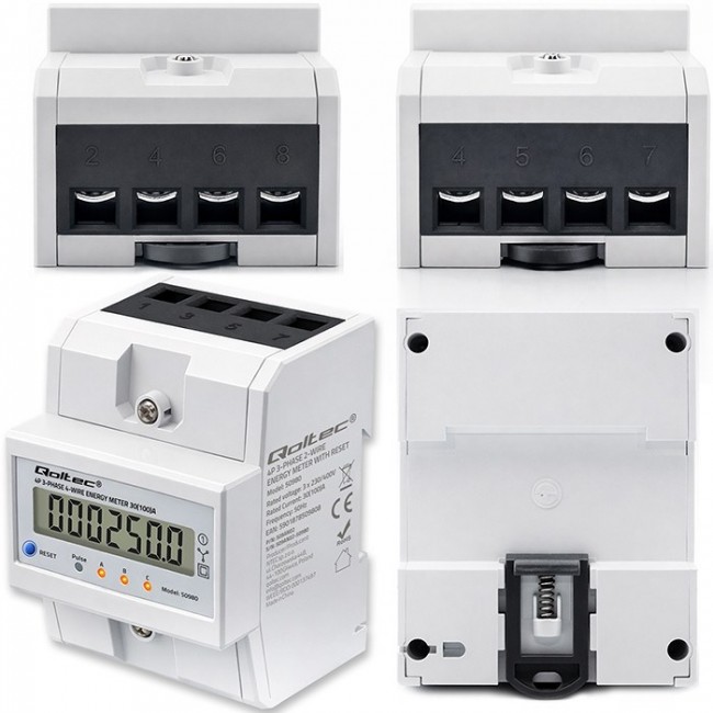 Qoltec 50980 Three-phase electronic meter with reset | DIN rail energy consumption meter | 400V | 100A | LCD | LED | 4P
