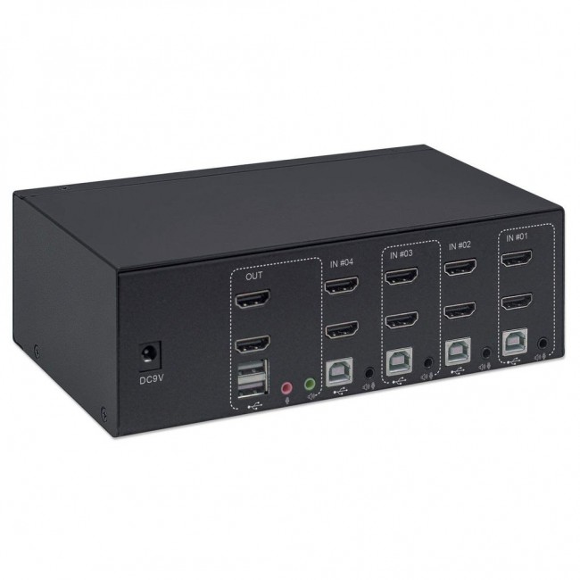 Manhattan HDMI KVM Switch 4-Port, 4K@30Hz, USB-A/3.5mm Audio/Mic Connections, Cables included, Audio Support, Control 4x computers from one pc/mouse/screen, USB Powered, Black, Three Year Warranty