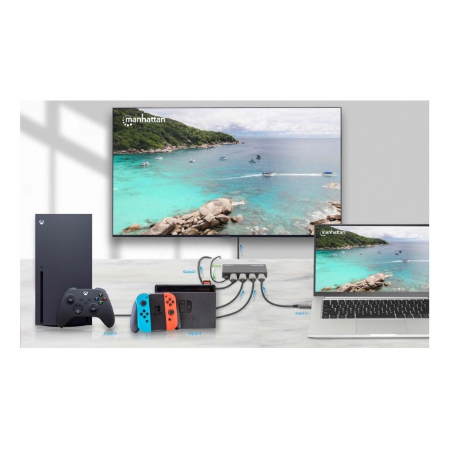 Manhattan 4K@60Hz 3-Port HDMI Switch, Switches Between Three HDMI Inputs on One HDMI Output (3x1), 18G, Automatic and Manual Switching, IR Remote Control, Black