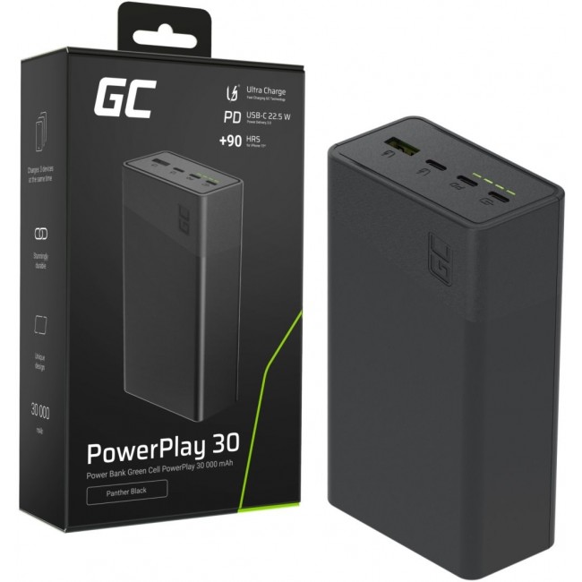 Greencell PowerPlay 30 Powerbank 30,000mAh 22.5W (3x USB-C, 1x USB-A) black