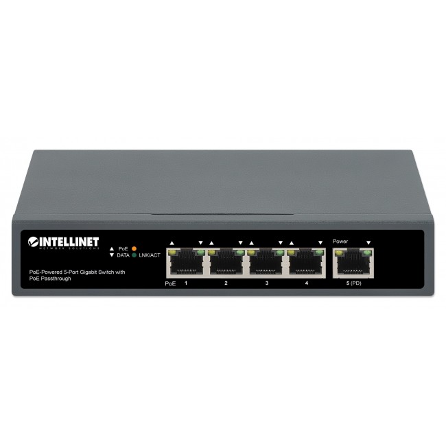 Intellinet 5-Port Gigabit Switch with PoE Passthrough, One IEEE 802.3bt (PoE++ / 4PPoE) PD PoE Port with 95 W Power Input, Four PSE PoE ports, PoE Power Budget up to 65 W, IEEE 802.3at/af Compliant Output, Desktop, Wall-mount Option