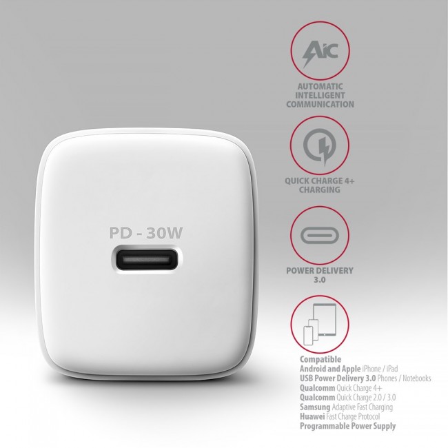 Axagon ACU-PD30W wall charger 1x QC3.0/AFC/FCP/PD type-C 30W white Mobile phone, Smartphone, Smartwatch, Tablet, Universal AC Fast charging Indoor Axagon ACU-PD30W wall charger 1x QC3.0/AFC/FCP/PD type-C 30W white Mobile phone, Smartphone, Smartwatch, Tablet, Universal AC Fast charging Indoor