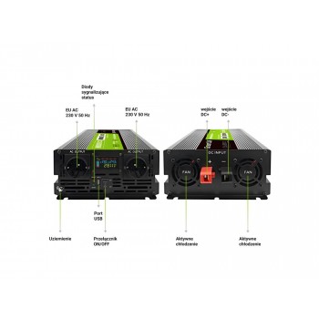 Green Cell Przetwornica napicia PowerInverter LCD 24 V 3000W/60000W Przetwornica samochodowa z wywietlaczem - czysty sinus power adapter/inverter Auto Black