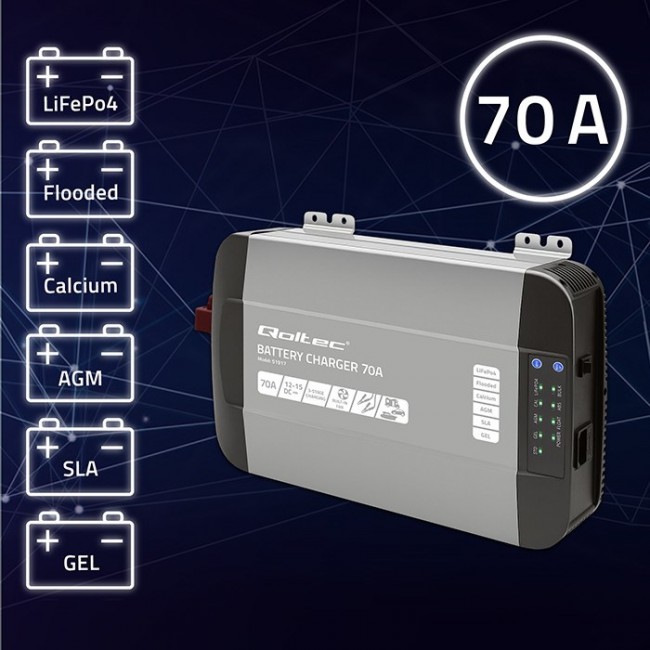 Qoltec Smart Professional Monolith Battery Charger for LiFePO4 AGM GEL SLA batteries | 70A | 12V | Fast charging