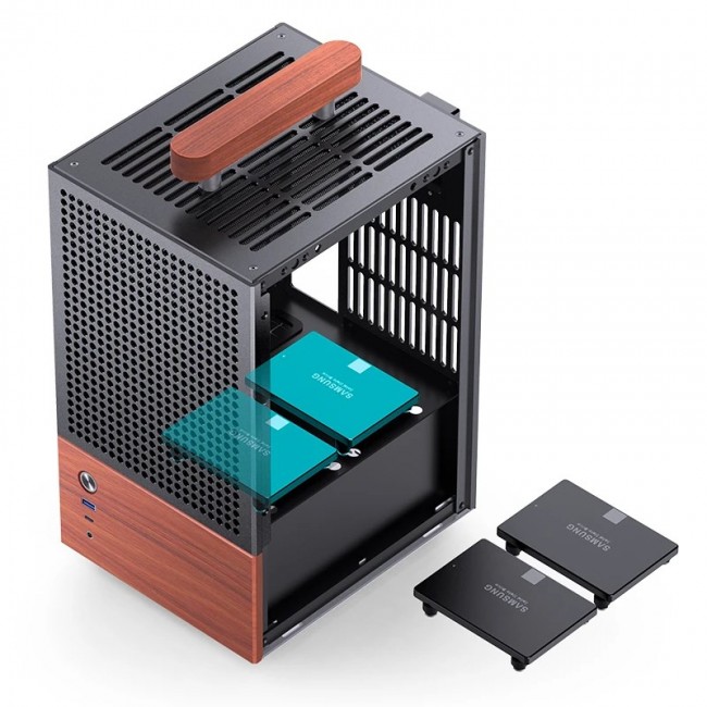 Jonsbo T6 PC Case, Mini-Tower, Mini-ITX, Tempered Glass, Wood, black