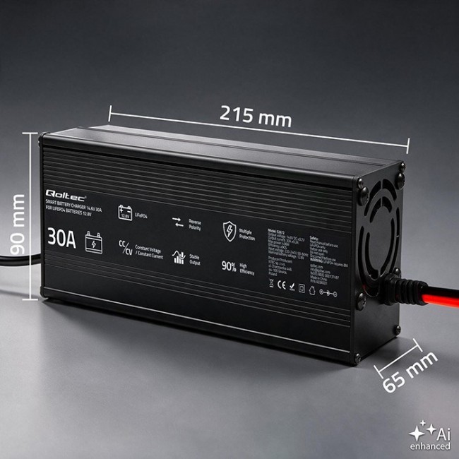Qoltec Specjalistyczna adowarka do akumulatora LiFePO4 12V | 30A | PF 0.9 | LED | Inteligentne adowanie
