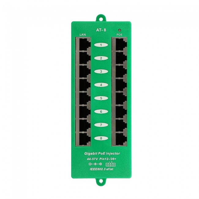 Extralink Gigabit PoE Injector 8 Port Active, 8 ports Gigabit 802.3at/af, Mode A