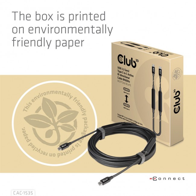 CLUB3D USB 3.2 Gen2 Type C to C Active Bi-directional Cable 8K60Hz M/M 5m/16.4ft CLUB3D USB 3.2 Gen2 Type C to C Active Bi-directional Cable 8K60Hz M/M 5m/16.4ft