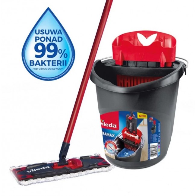 Vileda Ultramax Box flat mop with kitchen set | 1 pair of Universal gloves + 1 Actifibre Pro kitchen cloth