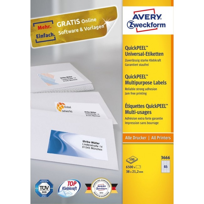 Avery 3666 self-adhesive label Rectangle Permanent White 6500 pc(s)