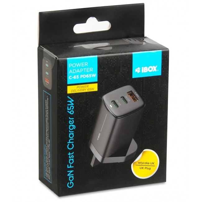 iBOX C-65 Black, GaN 65W universal charger UK plug iBOX C-65 Black, GaN 65W universal charger UK plug
