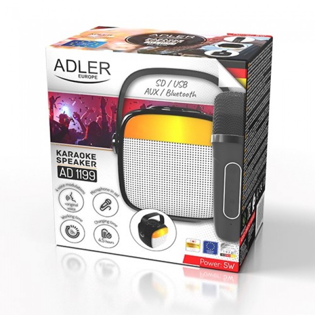 Adler AD 1199 black Karaoke speaker with microphone - SD/USB/AUX/Bluetooth Adler AD 1199 black Karaoke speaker with microphone - SD/USB/AUX/Bluetooth