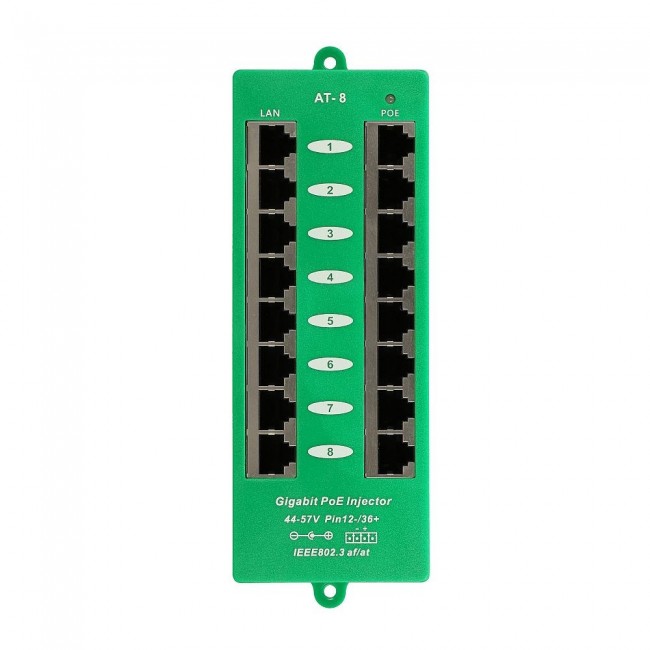 Extralink Gigabit PoE Injector 8 Port Active, 8 ports Gigabit 802.3at/af, Mode A
