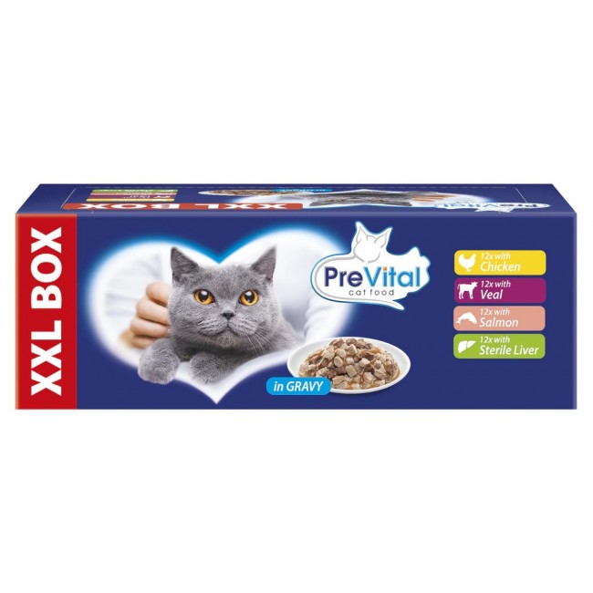 PREVITAL XXL BOX Flavor Mix with Chicken, Veal, Salmon, and Liver in Gravy - Wet Cat Food - 48 x 100g PREVITAL XXL BOX Flavor Mix with Chicken, Veal, Salmon, and Liver in Gravy - Wet Cat Food - 48 x 100g