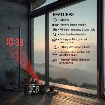 Digital LED clock radio with GreenBlue projector, FM radio, alarm, 12/24 clock, 5V DC USB power supply + CR2032, GB172