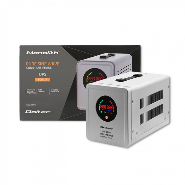 Qoltec 50716 Uninterruptible power supply Pure Sine Wave UPS | 500VA | 350W | constant phase | Grey