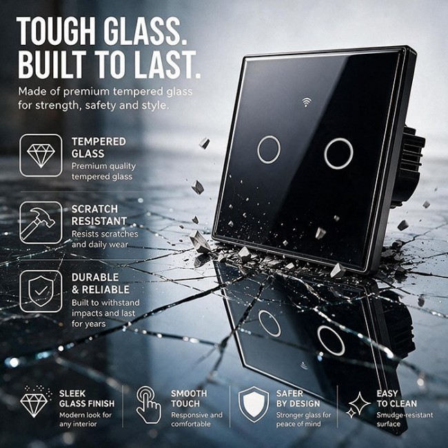 Qoltec 52712 Smart Touch 2-Gang Light Switch | Wi-Fi | Timer | Tuya | Smart Life | Tempered Glass | Black