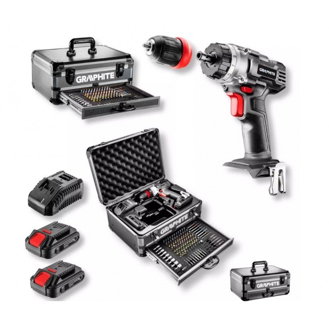 Graphite Energy+ set in aluminum case: drill/driver with removable chuck, 2 2.0Ah batteries, charger and 109 accessories