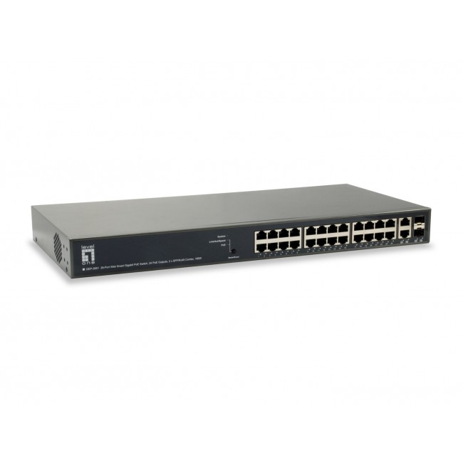 LevelOne TURING 26-Port Web Smart Gigabit PoE Switch, 24 PoE Outputs, 2 x SFP/RJ45 Combo, 185W, 802.3at/af PoE LevelOne TURING 26-Port Web Smart Gigabit PoE Switch, 24 PoE Outputs, 2 x SFP/RJ45 Combo, 185W, 802.3at/af PoE
