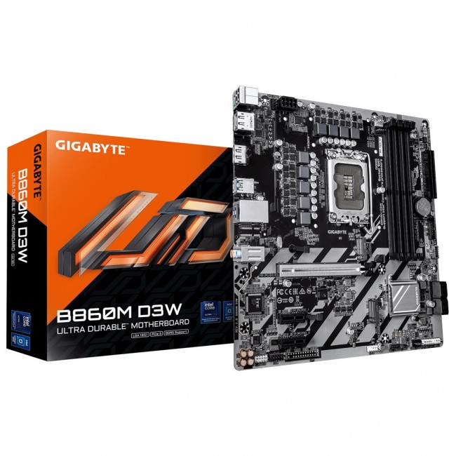 GIGABYTE B860M D3W Motherboard - Intel Core Ultra Series CPUs, 4+1+2 Phases VRM, up to 9066MHz DDR5, 2xPCIe 4.0 M.2, 1GbE LAN, USB 3.2 Gen 1 GIGABYTE B860M D3W Motherboard - Intel Core Ultra Series CPUs, 4+1+2 Phases VRM, up to 9066MHz DDR5, 2xPCIe 4.0 M.2, 1GbE LAN, USB 3.2 Gen 1