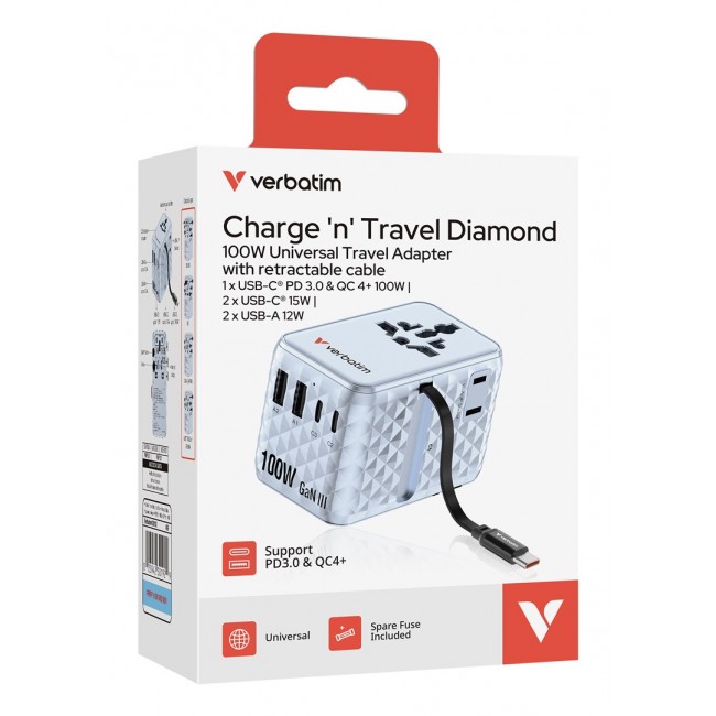 Verbatim Charge 'n' Travel 100W Universal Travel Adapter with retractable cable Blue