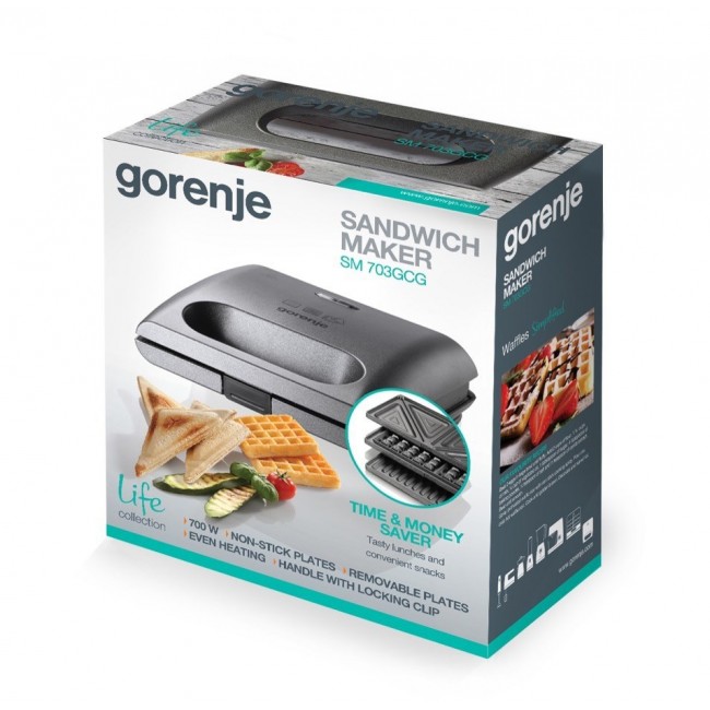 Gorenje | SM703GCG | Sandwich maker | 700 W | Number of plates 3 | Number of pastry 2 | Grey