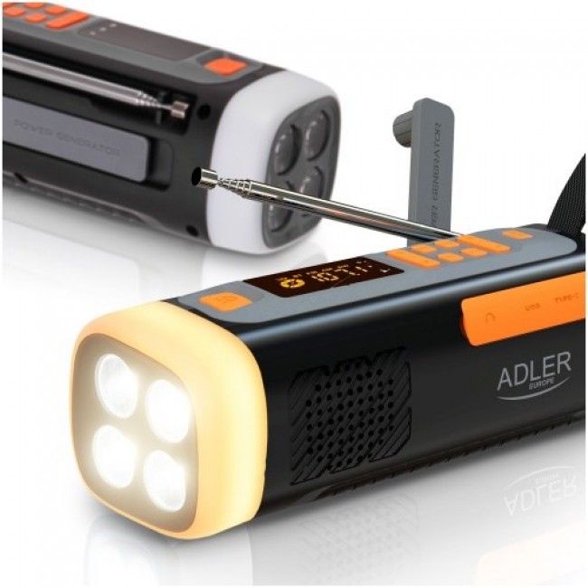 Adler AD 1920 Emergency radio Solar panel / Crank / Powerbank 4500 mAh Black
