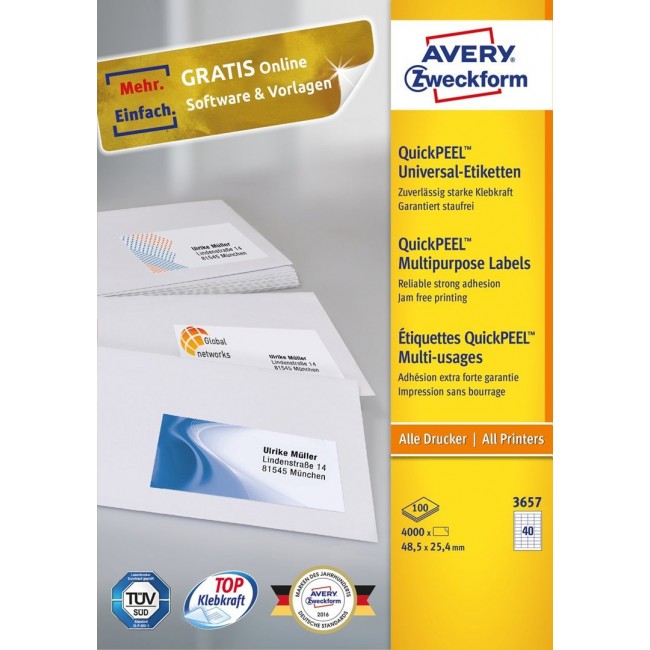 Avery 3657 self-adhesive label Rectangle Permanent White 4000 pc(s)