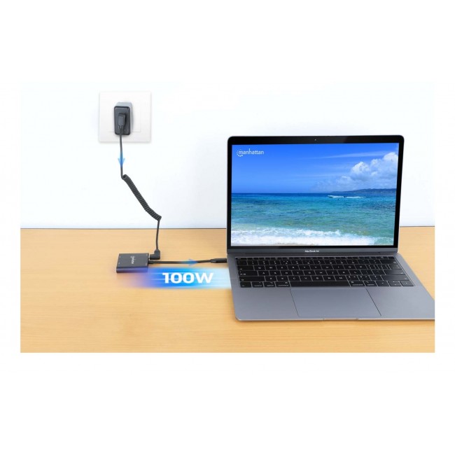 Manhattan USB-C to Dual HDMI and USB-A Adapter, Dual 4K@30Hz or Single 4K@60Hz, USB 2.0 USB-A Port (480 Mbps), Up to 100W USB-C Power Delivery Pass-Through, 15cm Cable, Black, Three Year Warranty