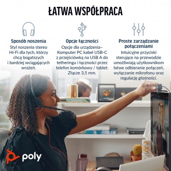 Poly Blackwire 3225 Stereo USB-C Headset +3.5mm Plug +USB-C/A Adapter