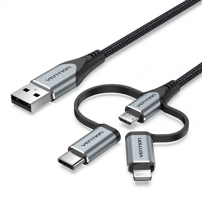 Vention USB 2.0 A Male to 3-in-1 Micro-B&USB-C&Lightning Male Cable 1M Gray Aluminum Alloy Type Vention USB 2.0 A Male to 3-in-1 Micro-B&USB-C&Lightning Male Cable 1M Gray Aluminum Alloy Type