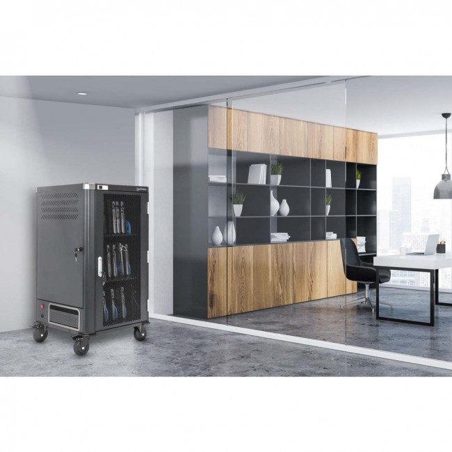 Manhattan Laptop Charging Cart/Trolley via AC Adapter (EU) 30-bay, Install device's AC Adapter (power cables) into unit, Suitable for ALL laptops (to 16