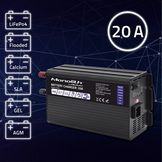 Qoltec Smart Monolith Battery Charger for LiFePO4 AGM GEL SLA batteries | 20A | 24V