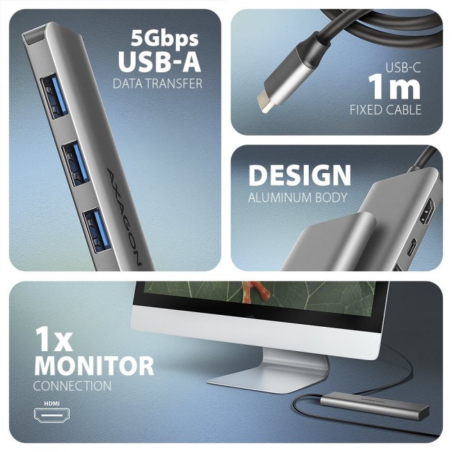 Axagon HMC-5H USB 5Gbps hub, 3x USB-A, HDMI 4k/30Hz, PD 100W, 100cm USB-C cable