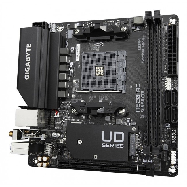 GIGABYTE A520I AC Motherboard - Supports AMD Ryzen 5000 Series AM4 CPUs, 6 Phases Digital VRM, up to 5300MHz DDR4 (OC), 1xPCIe 3.0 M.2, WIFI, GbE LAN, USB 3.2 Gen1 GIGABYTE A520I AC Motherboard - Supports AMD Ryzen 5000 Series AM4 CPUs, 6 Phases Digital VRM, up to 5300MHz DDR4 (OC), 1xPCIe 3.0 M.2, WIFI, GbE LAN, USB 3.2 Gen1
