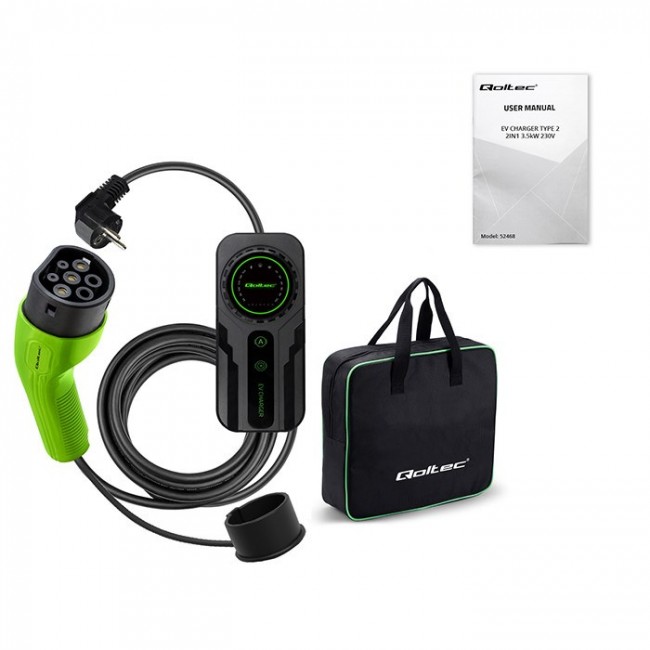 Qoltec Mobile EV Car Charger Adjustable 2in1 Type2 | SCHUKO | 3.5kW | 230V | LCD | Portable | Wallbox | 5m