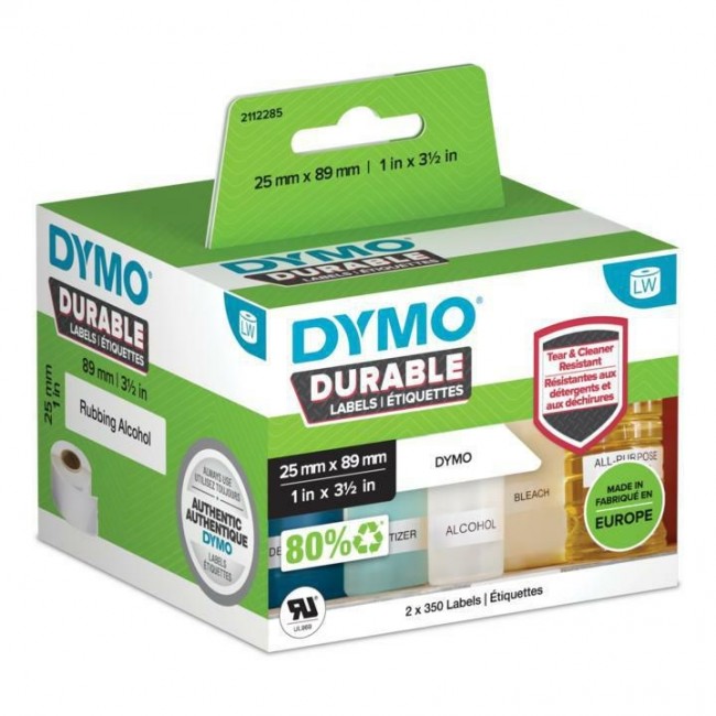 DYMO Authentic LabelWriter Durable Labels | 25mm x 89mm | White Poly | 2 Rolls of 350 (700 Self-Adhesive Labels) | High-Performance | For LabelWriter Label Makers