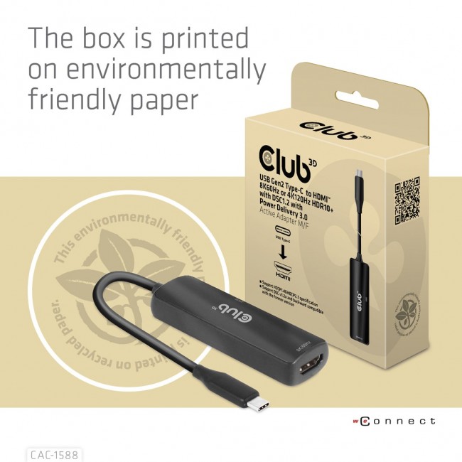 CLUB3D USB Gen2 Type-C to HDMI 8K60Hz or 4K120Hz HDR10+ with DSC1.2 with Power Delivery 3.0 Active Adapter M/F