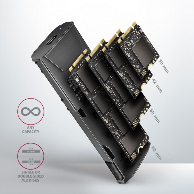 Axagon EEM2-GTS2 External USB-C 10Gbps metal box for M.2 NVMe & SATA SSD disks. Screwless