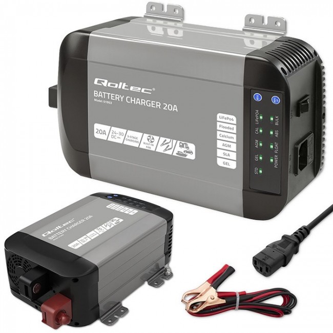 Qoltec Smart Monolith Battery Charger for LiFePO4 AGM GEL SLA batteries | 20A | 24V