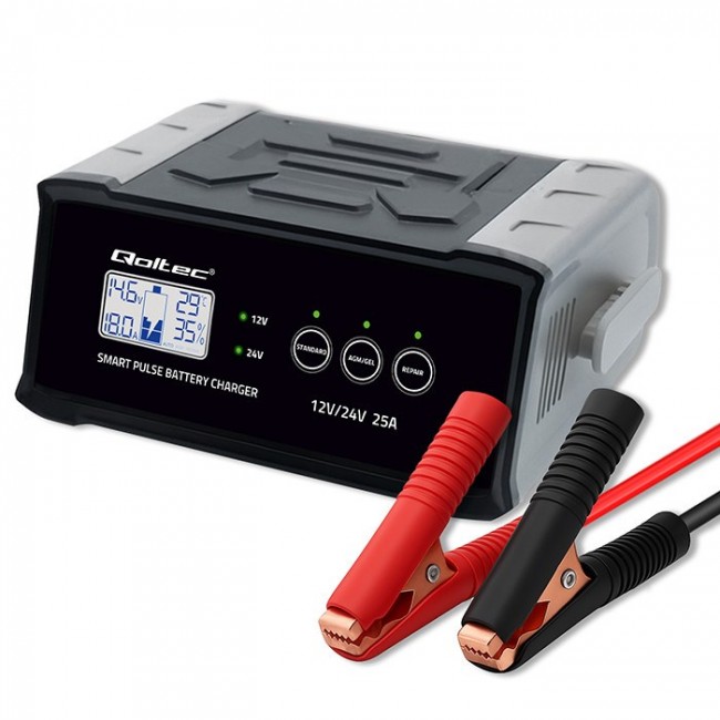 Qoltec Inteligentna mikroprocesorowa adowarka 12V 24V 25A| Prostownik z funkcją naprawy do akumulatora AGM GEL SLA | LCD