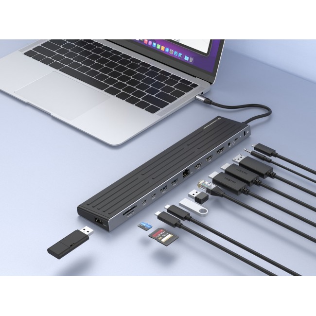 Conceptronic DONN32B 14-in-1 MST Docking Station USB 3.2 Gen 1, HDMI x 2, DP, GbE LAN, USB-A 5Gbps x 3, USB-C 5Gbps x 2, SD, TF/MicroSD, 3.5mm headset, Security Slot, 100W USB PD Conceptronic DONN32B 14-in-1 MST Docking Station USB 3.2 Gen 1, HDMI x 2, DP, GbE LAN, USB-A 5Gbps x 3, USB-C 5Gbps x 2, SD, TF/MicroSD, 3.5mm headset, Security Slot, 100W USB PD