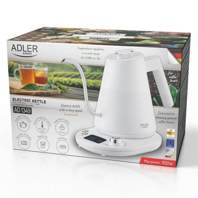 Electric kettle ADLER AD 1349w with long spout 1.0L White Electric kettle ADLER AD 1349w with long spout 1.0L White