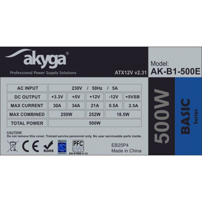 Akyga AK-B1-500E power supply unit 500 W 20+4 pin ATX ATX Grey Akyga AK-B1-500E power supply unit 500 W 20+4 pin ATX ATX Grey