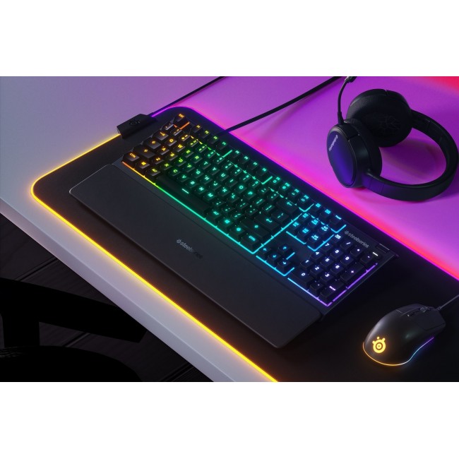 SteelSeries Apex 3 Gaming Keyboard, US Layout, Wired, Black SteelSeries Apex 3 Gaming keyboard, IP32 water resistant for protection against spills, Customizable 10-zone RGB illumination reacts to games and Discord, Whisper quiet gaming switches last for