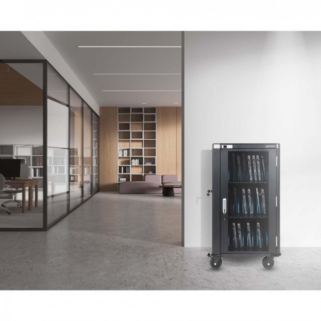 Manhattan Laptop Charging Cart/Trolley via AC Adapter (EU) 30-bay, Install device's AC Adapter (power cables) into unit, Suitable for ALL laptops (to 16