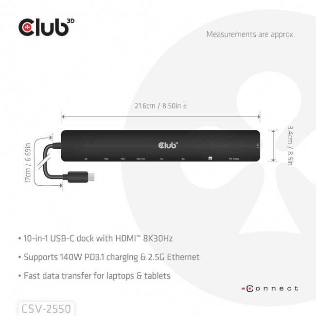 CLUB3D 10-1 Portable Dock USB Type-C 10Gbps to HDMI 8K30Hz PD3.1 Max.140Watt