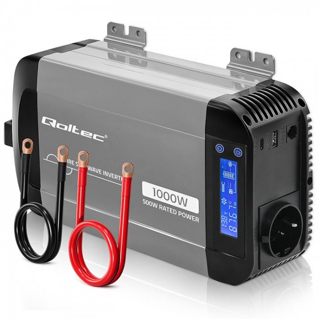 Qoltec Przetwornica napięcia Pure Sine Wave | 12V na 230V | 500/1000W | LCD | USB | USB-C | Kompatibilno z LiFePo4 GEL AGM